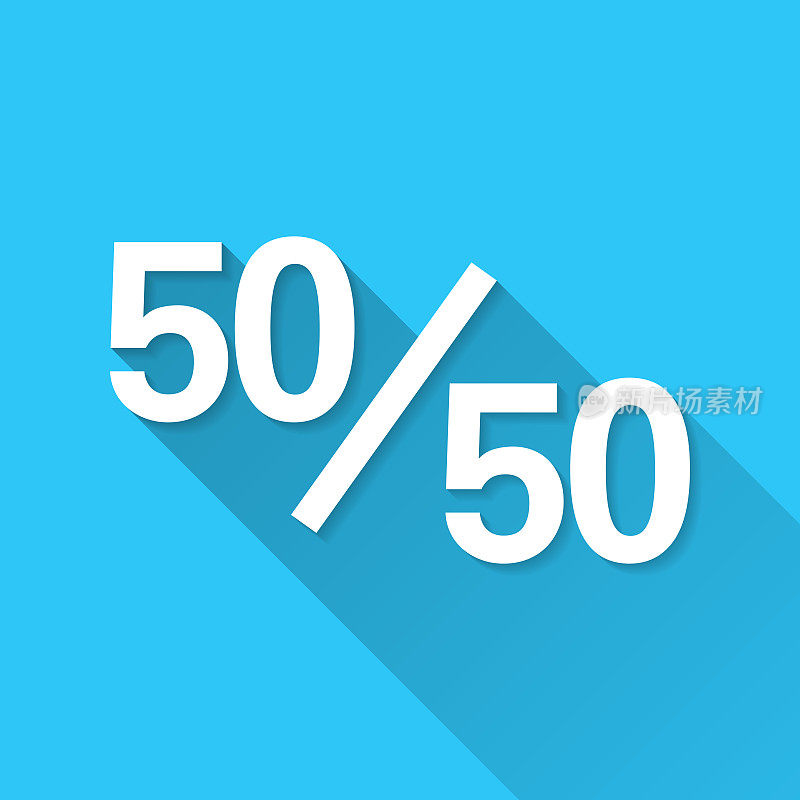50对50 - 50对50。图标在蓝色背景-平面设计与长阴影
